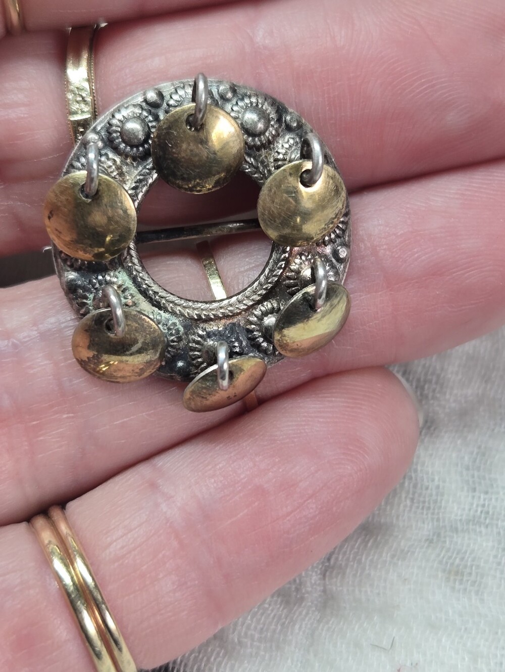 Victorian 830 Silver Circle Brooch with Dangling Discs - Gold & Silver